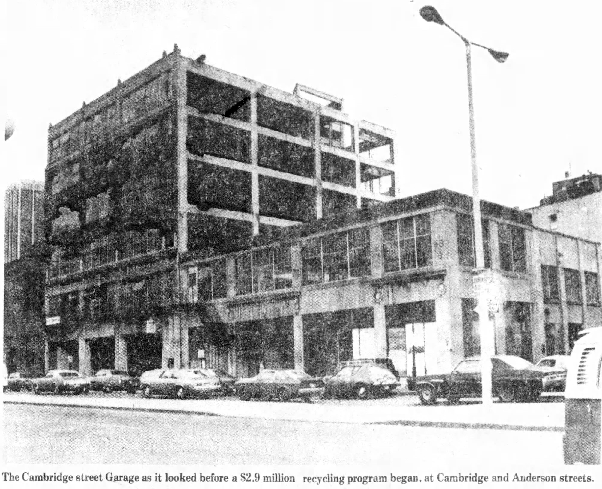 1979 Globe photo showing the old parking garage that stood at Anderson St